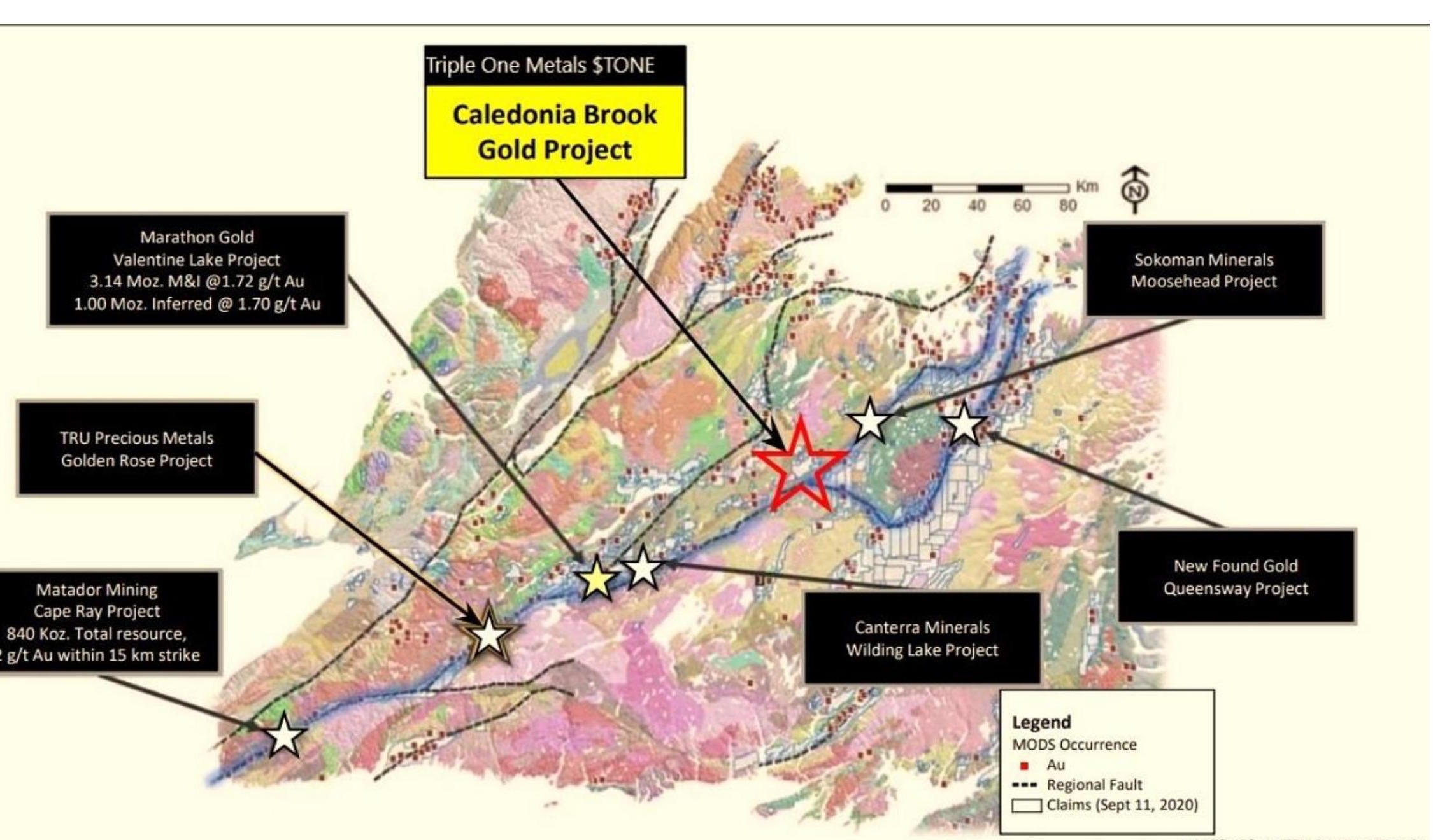 Regional geological map showing Caledonia Brook in relation to the Valentine Lake, Golden Rose, Cape Ray, Wilding Lake, Queensway and Moosehead projects