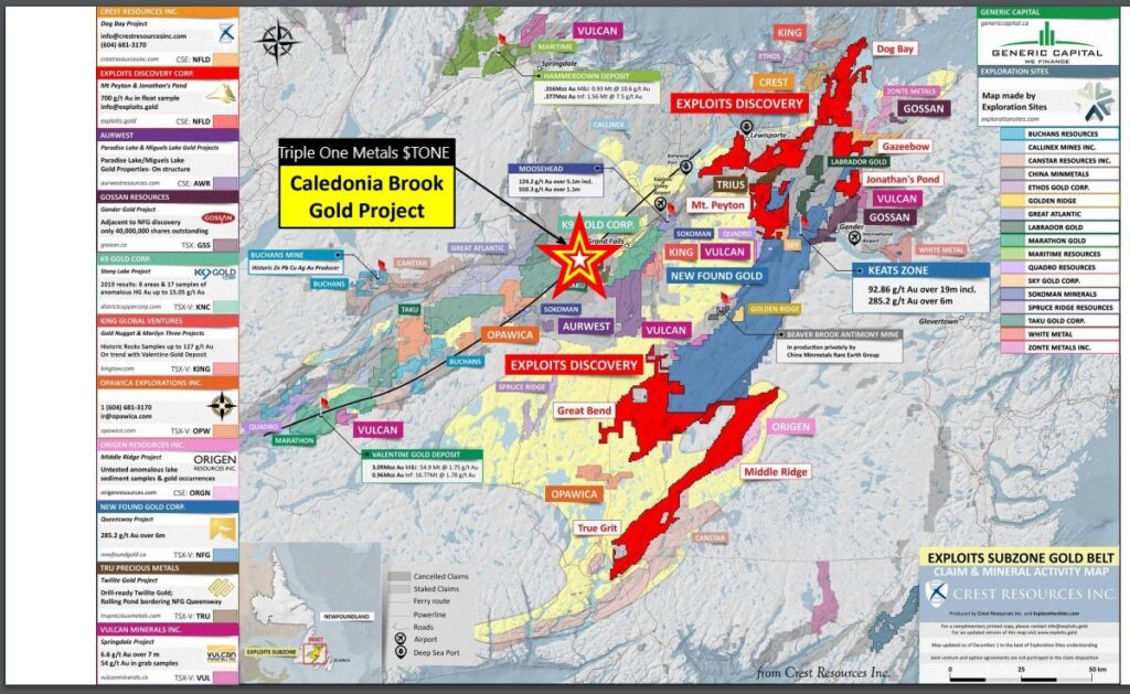 Regional claim and mineral activity map showing the location of the Triple One Metals Caledonia Brook Gold Project in Newfoundland