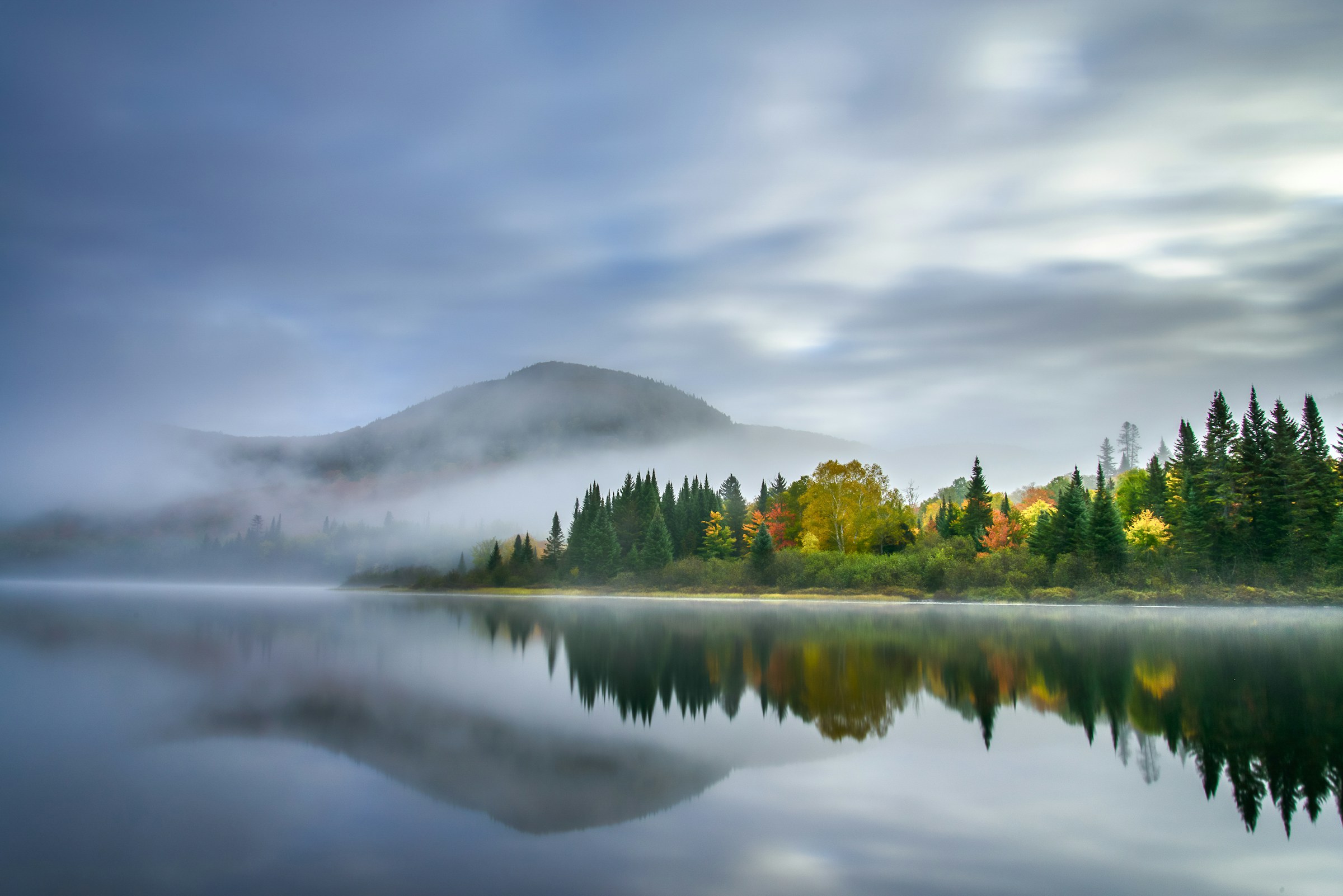Forested lakeshore beneath mist-covered hills