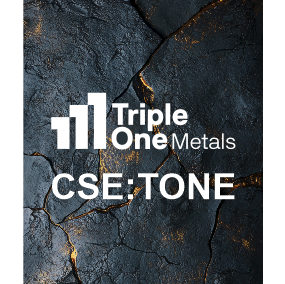 Triple One Metals logo and CSE: TONE wordmark on a dark mineral texture